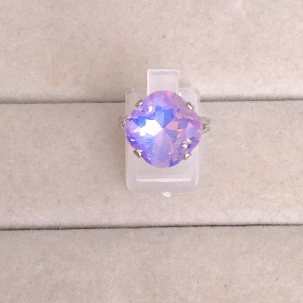 Lilac Lavender Purple Opal Aurora Borealis + Silver Cushion Cut Crystal Ring